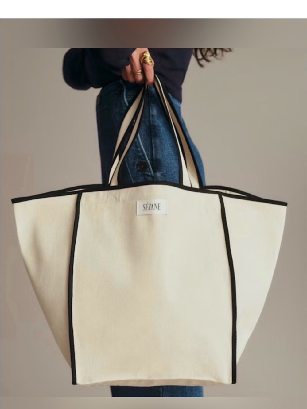 New Sézane Cream Canvas Tote with Black Trim
